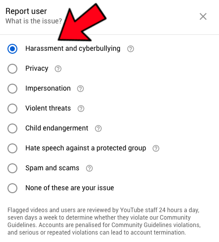  Please use this new way to report the video1. Use this link to go to the channel https://www.youtube.com/channel/UClE2hKVqycauBKmXwawizEg/about2. Click on the flag & choose "report user"3. Choose "Harassment & cyberbullying" option4. Tick Joy's video5. Explain that the video is spreading malicious hate