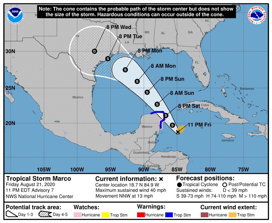 ClimaEdoQROO's tweet image. Se forma la Tormenta Tropical Marco a 18.7 N y 84.9 W.
Aproximadamente a 290 km al SE de Cozumel. Tiene viento máximo sostenido de 65 km/h y se mueve al NORTE NOROESTE a 20 km/h. 👀