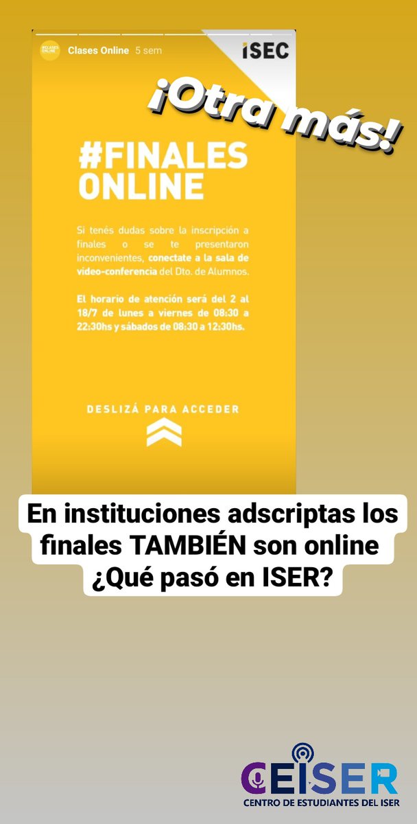 AnibalFraquelli's tweet photo. Tomaron ingresos a las carreras en forma virtual, toman libres en forma virtual pero NO lo aplican para la cursada virtual
Recuperemos las notas numéricas. Tenemos derecho a rendir final de las materias que estamos cursando
#FinalesVirtualesEnISER #PromociónDirectaEnISER https://t.co/ge8nSPRboA
