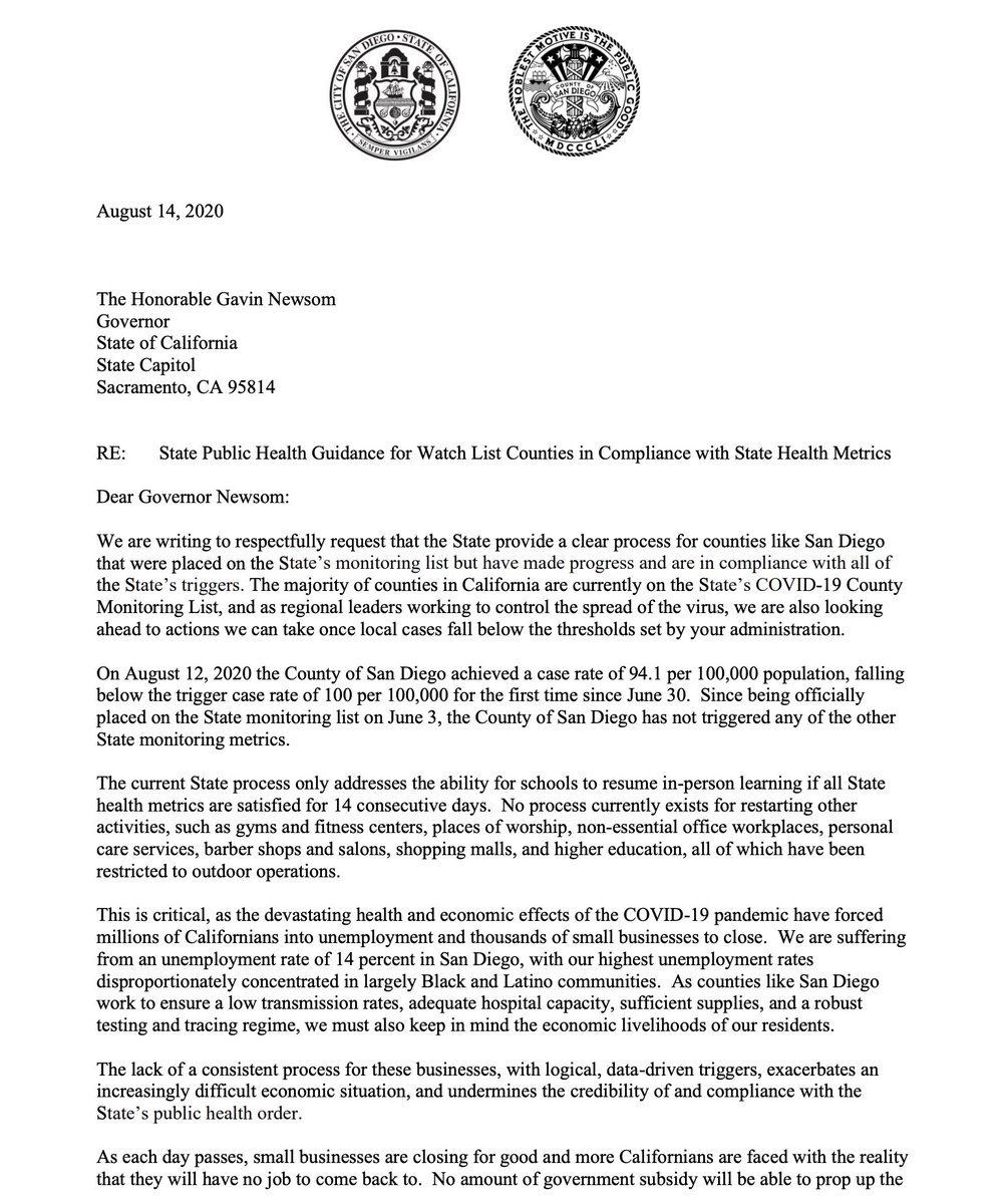 Kevin_Faulconer's tweet photo. What does a county do when it gets off California's COVID watch list? No one knows because state guidelines haven't been set.

With San Diego's cases no longer hitting the state's trigger, we're asking the governor for a clear process based on solid data so we can move forward. https://t.co/Yme9xT0ytO