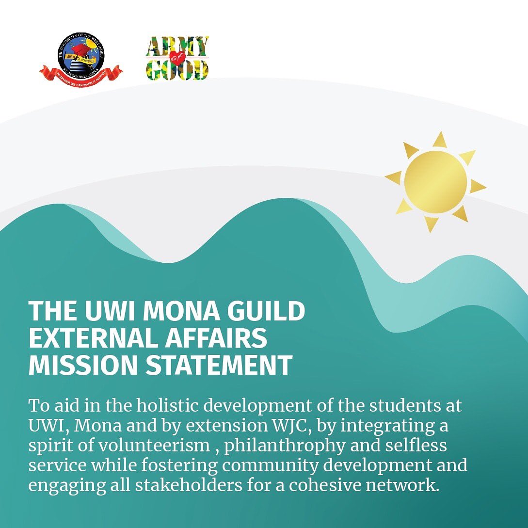 uwiguildeac's tweet photo. The UWI Mona Guild External Affairs Committee is dedicated to ensuring that we serve you holistically. This is our mission, our promise to you. One Army, Nuff Good!
#EAC2020 #ArmyofGood #ServiceCenteredLeadership #OneArmyNuffGood #SoldiersofSolidarity
#ForceForYou #iRepMyGuild https://t.co/KZsVicgIeu