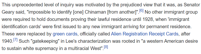 the reason why Chinese immigrants had to carry so many documents was bc white people legit could not tell them apart. they were so stressed about it, y'all. like "OH GOD ANY CHINESE MAN COULD REPLACE ANOTHER AND WE'D NEVER KNOW. MUST DOCUMENT EXTENSIVELY."