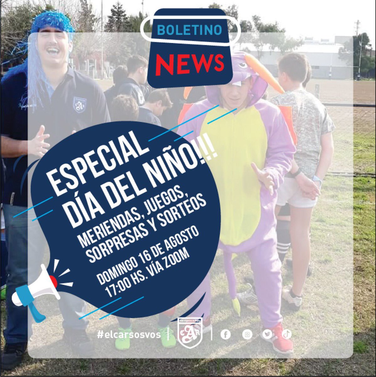 ArgentinoRugby's tweet photo. Festejemos juntos el DÍA DEL NIÑO!!!👧🧒🦸♀️🤹
El domingo 16 de agosto a las 17:00 hs vía ZOOM🕔💻
Los esperamos para merendar🥐🧃, con juegos🎯🎲, sorpresas🎁 y sorteos🎉 junto a los jugadores de los planteles de hockey🏑 y rugby🏉.
#elcarsosvos #diadelniño #argentinoderugby https://t.co/1EZJrejGFF