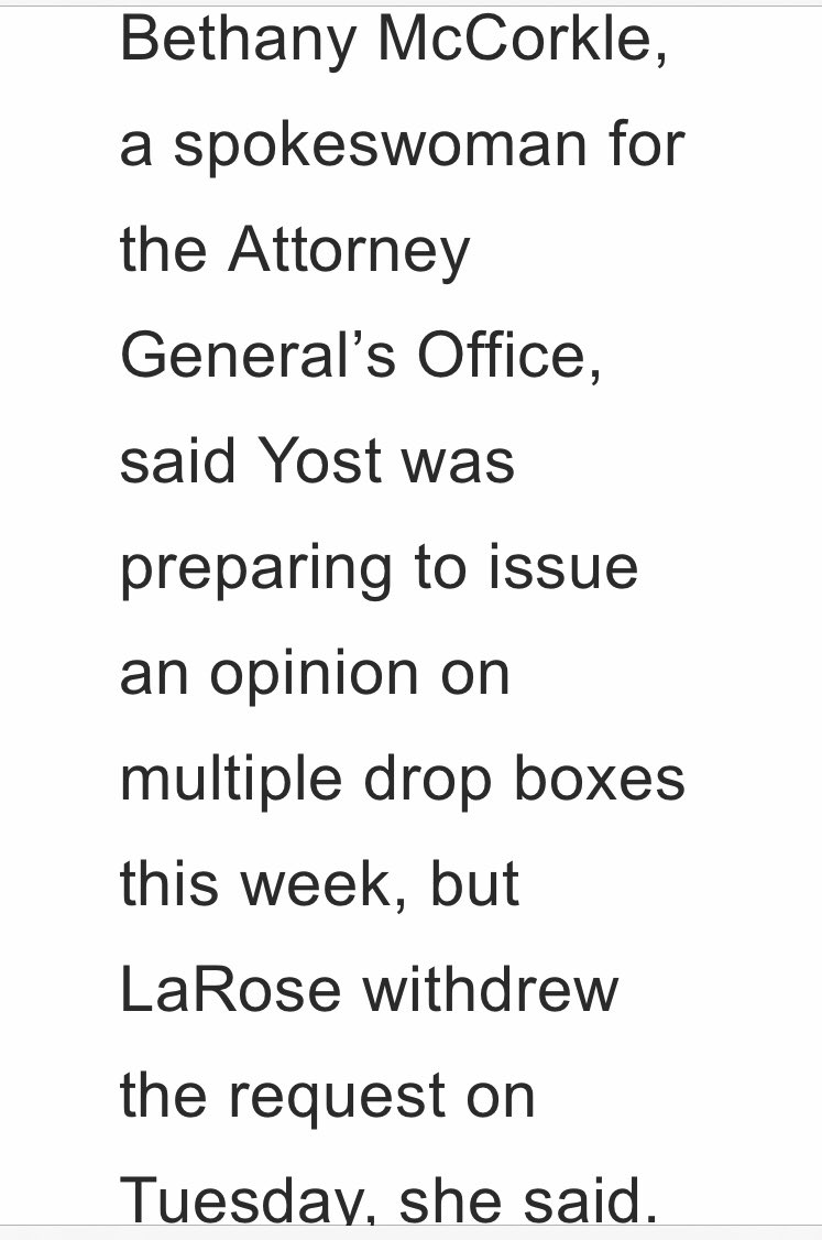 This is an especially important question because, bizarrely, he had asked for a formal opinion from the AG, halted any progress on drop boxes for more than 3 weeks, then w only days before he was going to receive that opinion, withdrew the request. 3/