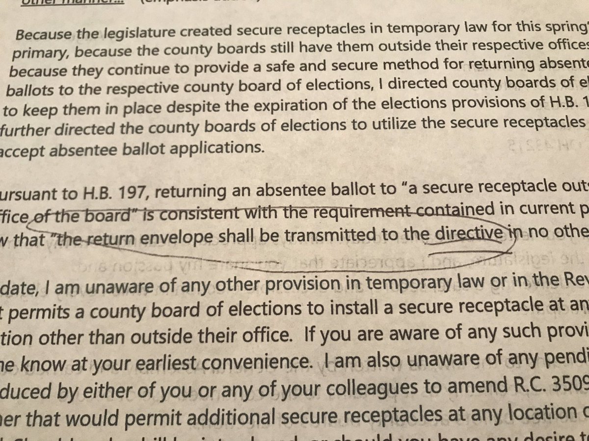 And to be clear, the argument in today’s letter from LaRose would fail a first-year law class. It makes no sense, saying nothing germane to the issue. It even focuses on the wrong phrase, and does so with an egregious typo (“directive” instead of “director”)10/