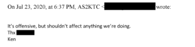 Second, here's an email from Acting Deputy Secretary Ken Cuccinelli when he hears the Court granted our TRO. He's not happy! It's "offensive"! But not to worry: It "shouldn't affect anything we're doing."Hear that, federal agents? DON'T CHANGE A THING.