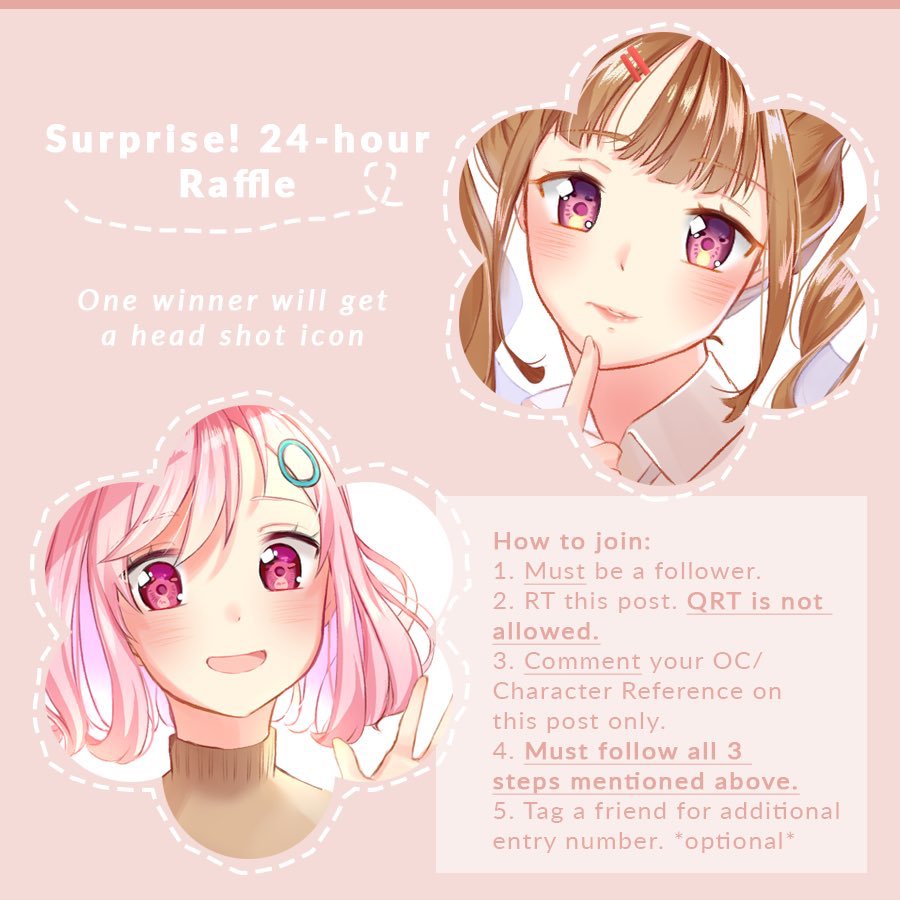 kiyasuus's tweet image. ✨ SURPRISE!! 24-hour Raffle ✨

How to join:
▫️MUST be a follower
▫️MUST RT this post; QRT is not allowed
▫️MUST comment your OC reference below

🍀 Raffle will end tomorrow, Aug 16, 2020 10:00 AM 🇵🇭

Make sure to follow the rules or your entry wont be counted. Goodluck!!