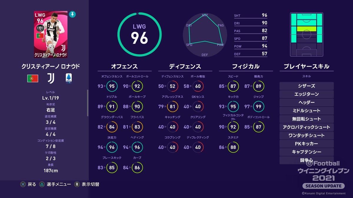 ウイニングイレブン アイコニックモーメントシリーズ の能力値 スキル公開 家庭用版 ウイニングイレブン 21 ユヴェントス クラブエディション アイコニックモーメントシリーズ クリスティアーノ ロナウド 19 03 12 予約はこちら