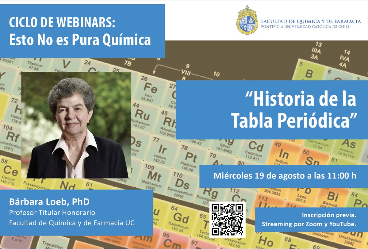 FQuimica_UC's tweet photo. 🔵 Atención profesores y estudiantes de enseñanza media:

Les invitamos a participar en el webinar “Historia de la Tabla Periódica”, dictado por Bárbara Loeb, Profesor Titular Honorario.

🗓️ Miércoles 19 de agosto
⏰ 11:00 hrs.

Inscripción previa: https://t.co/ivcoUCWK11 https://t.co/LgkfHfbycZ