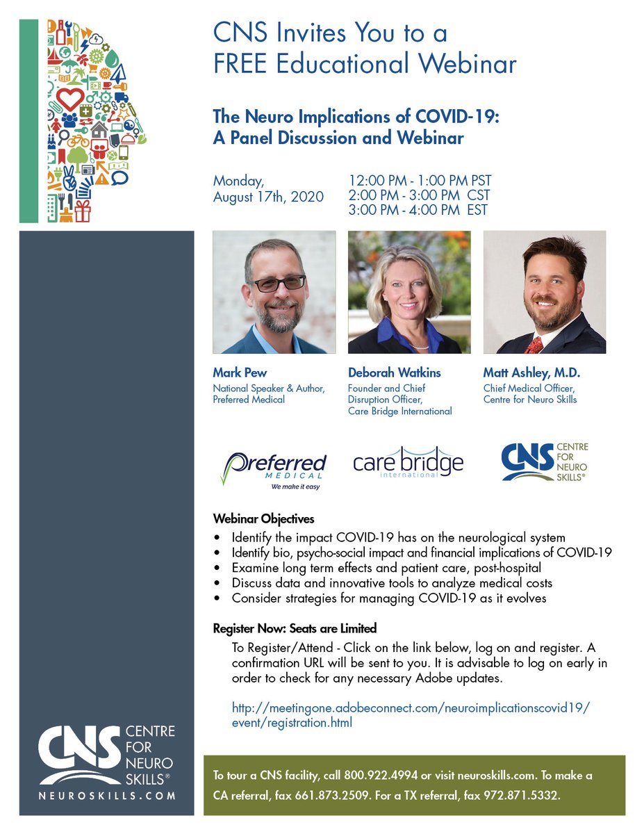 neuroskills's tweet photo. Register for the Neuro Implications of COVID-19 Panel Discussion and Webinar on Monday, August 17: https://t.co/uNVPpf5N4p. Don't miss out! #BrainInjury #centreforneuroskills #neuroskills https://t.co/fTzaXsKHuN