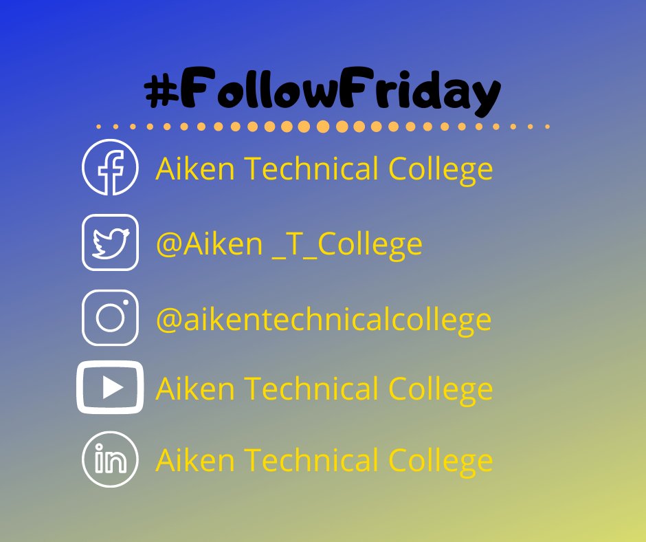 Aiken_T_College's tweet photo. Did you know we are also on Facebook, Instagram, YouTube, and LinkedIn? Connect with us on social media by clicking the “like”, “follow”, or “subscribe” buttons. #DiscoverATC #YourFutureisWithinReach https://t.co/AlOw1AOYbN