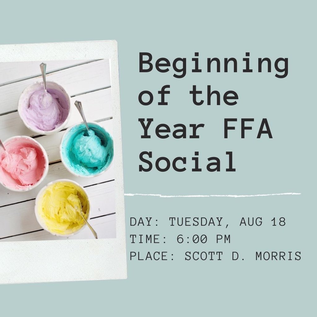 Our First FFA meeting of the year is coming up fast! Make sure to come join us at our icecream social and sign up for our 2020-2021 FFA chapter. We are looking forward to seeing everyone there!