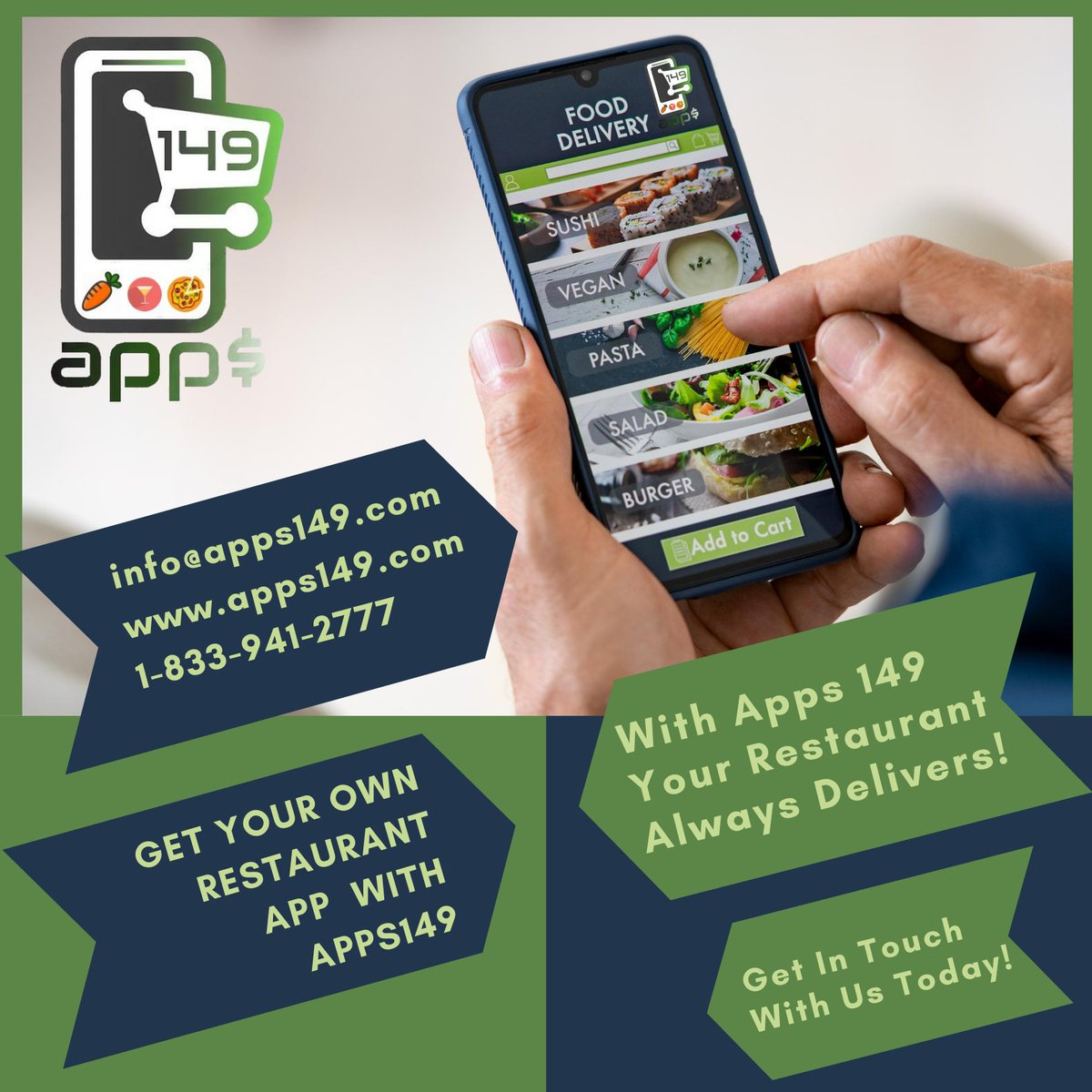apps149's tweet photo. At Apps149 we can design a mobile app and online ordering platform that will streamline the take out and delivery process! With Apps149, your business knows when the food is ordered when it's ready, and when it's handed off to your customer. 

At Apps149 we deliver! https://t.co/o8hYjugSUi