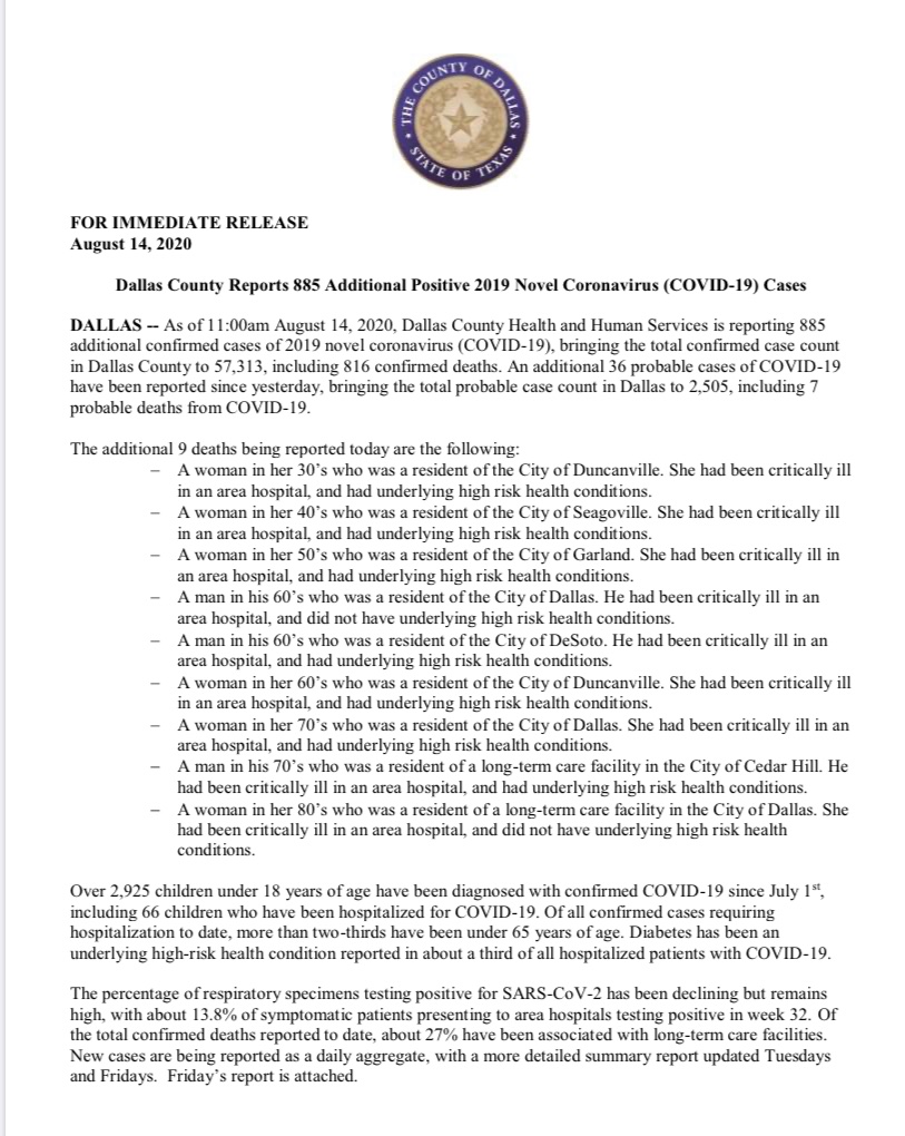 NEW: Dallas County Reports 885 Additional Positive 2019 Novel Coronavirus (COVID-19) Cases and 9 Deaths
