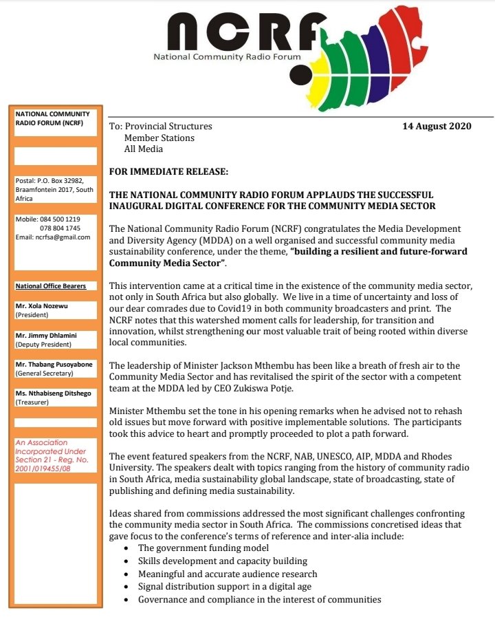 NCRFNational's tweet photo. NCRF applauds the successful inaugural digital conference for the community media sector in South Africa. https://t.co/mxwbL1acSQ