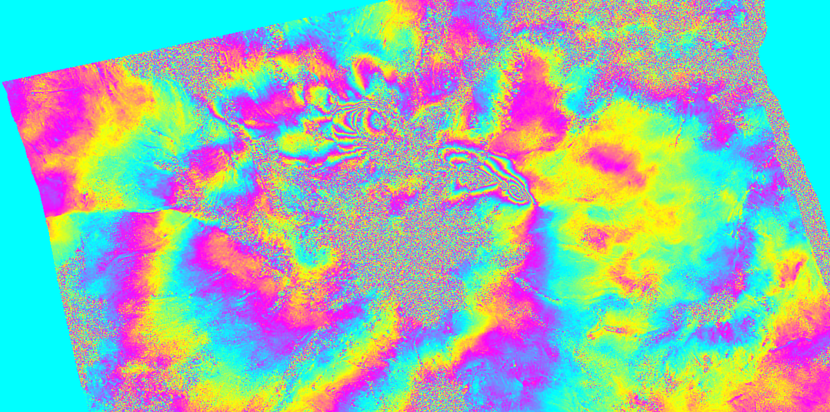Gravity_Pat's tweet image. Woo!  Just successfully processed my first #TSX #interferogram!  Just look at those pretty colors.  Thanks @VolcanoInSAR for teaching me how to do the processing!