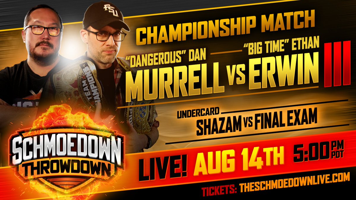 Wow. Finally, our first championship match since February! @MurrellDan takes on <a href="/MrEthanErwin/">Ethan Erwin</a> in a clash of titans of film trivia knowledge. Can't wait! #SchmoedownThrowdown #FinstockExchange #Exchange4Life  theschmoedownlive.com/buy-tickets/th…
