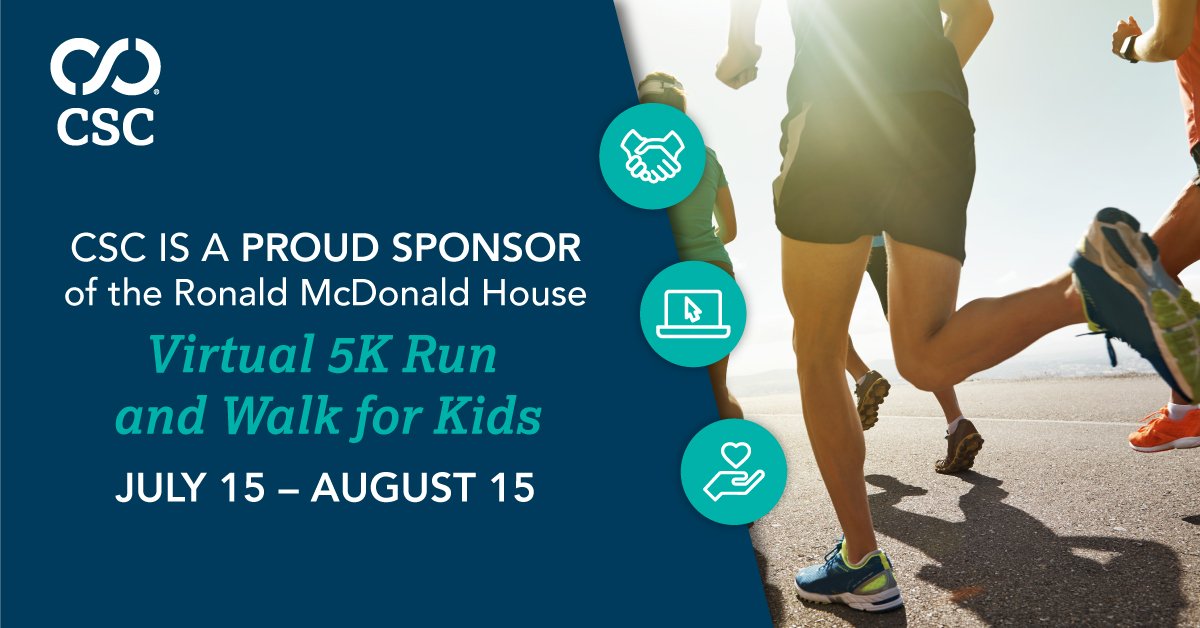 CSCGlobal's tweet photo. The Virtual 5K Run/Walk for Kids benefitting the Ronald McDonald House is ending soon, but it’s not too late to donate or register. Visit https://t.co/qd3ziXGGBT and join CSC as we help make tomorrow better than it is today. #CSCgivesback https://t.co/lJdLVDwlTb