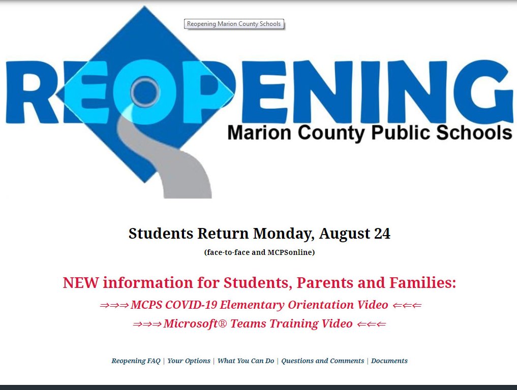 MarionCountyK12's tweet image. GREAT info for #ResponsiblyReopening our schools -- new videos now online for COVID-19 Elementary Orientation + Microsoft Teams Training.  Check 'em out at marionschools.net. #WeAreMCPS #CelebrateMCPS