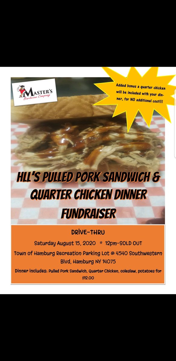 MastersBBQComp's tweet photo. Tomorrow...12pm, stop out on Rt 20 and grab a meal in support of HLL! #lovemybbq #hamburgcurbside ✊🏻 https://t.co/rOjkGvrKnw