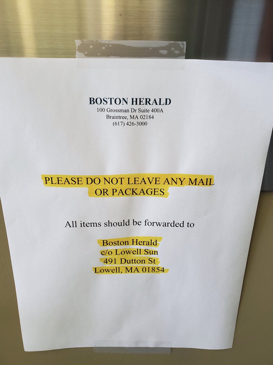 1. So here's what  @deannaschwartzz and I were able to find out. The  @bostonherald's office in Braintree has been moved to the  @LowellSun.