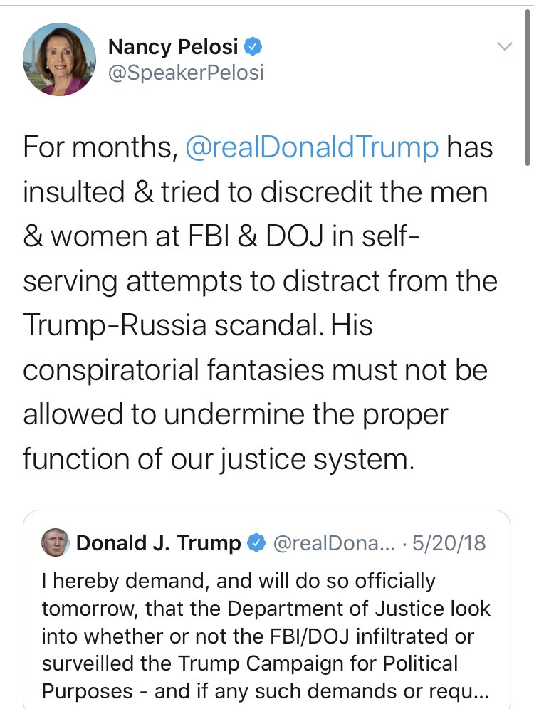 THREADLooking forward to the corrections for all the “Trump is senselessly attacking our brave men and women of the FBI” takes after today’s guilty plea from FBI agent Clinesmith for lying during the Russian Collusion saga.I think we can start with you,  @SpeakerPelosi.
