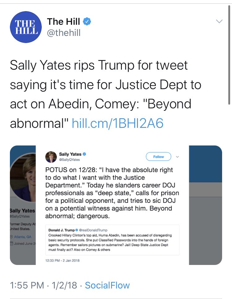 And speaking of the folks involved covering for themselves, I think  @SallyQYates should probably come clean. Also a demerit to  @thehill for repeatedly using the line “Sally Yates rips”