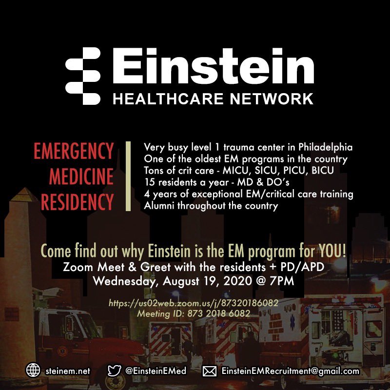EinsteinEMed's tweet photo. Back by popular demand! Our 2nd Zoom MS4 Meet &amp; Greet 🚨 

Join us on Zoom, Aug 19th @ 7pm to learn more about Einstein!
- Level 1 trauma center 
- Extensive critical care experience 
- The opportunity to care for an underserved community

More info below:
#EM #MedStudentTwitter https://t.co/WRPiTaI13e
