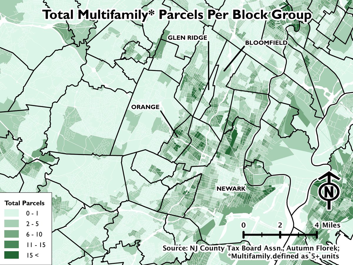 Which suburbs have made it illegal to develop any multifamily housing? Here's a map of the *total* number of multifamily parcels per block group. In general, Eastern Morris and Western Essex Counties have relatively little in the way of multifamily development.