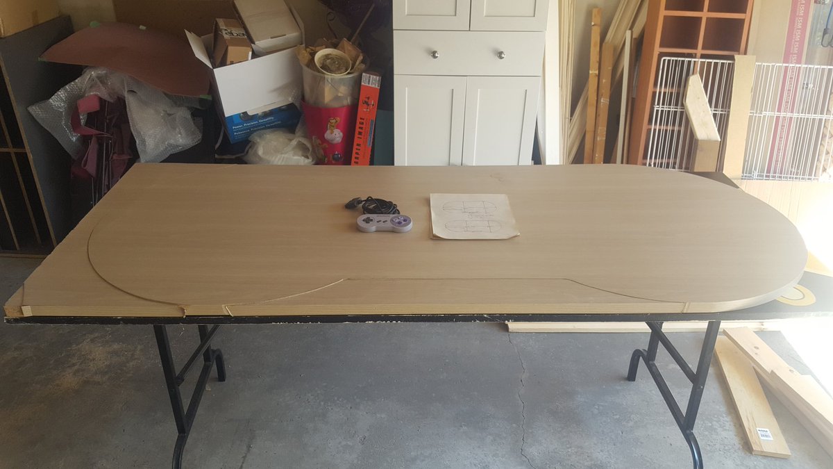 CollectNintendo's tweet photo. SNES table /desk for the Nintendo Room - work is under way! Table is cut out and ready for sanding then paint

#nintendo #snes #snestable #nintendocollecting #nintendodiy #nintendoproject #Smilingwhilegaming #nintenerd #Gottacatchemall https://t.co/kzx9qW2cvB