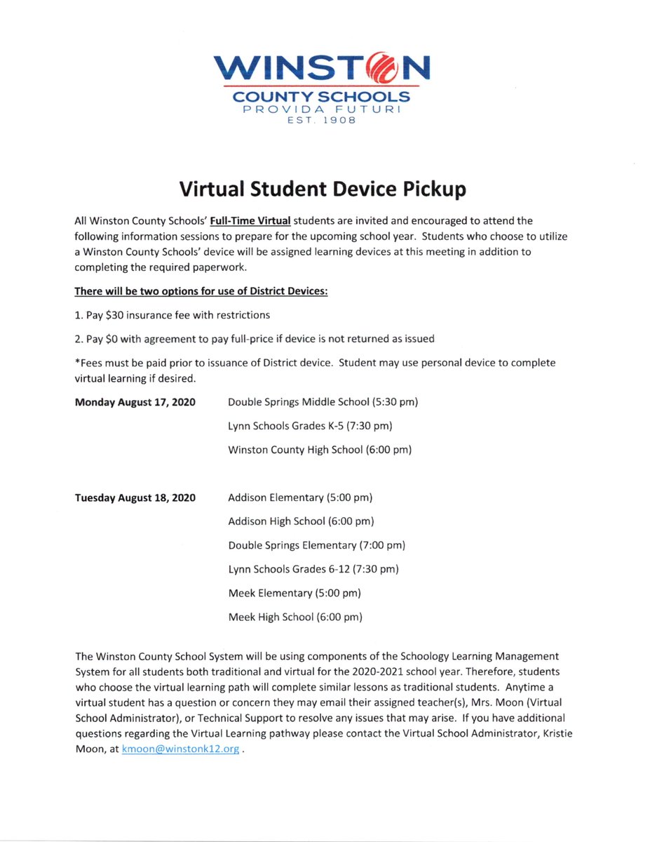 All Winston County Schools' full time virtual students are invited and encouraged to attend an information session to prepare for the upcoming school year.  Dates and times are listed below.