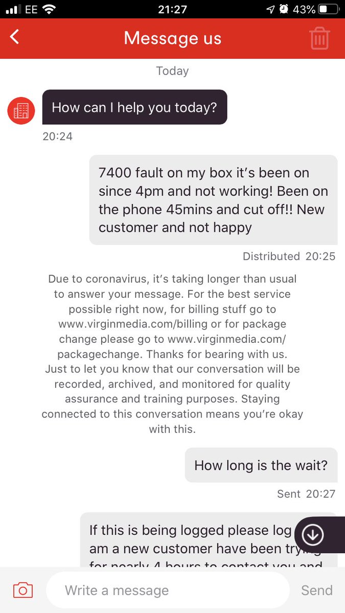 NedKelly1981's tweet photo. @virginmedia thanks virgin new customer 7400 error! Three times on the phone cut off every time 45 mins in! Now over an hour on your chat!!! Nothing and I thought sky were bad!!! https://t.co/l1fDGht0Gx