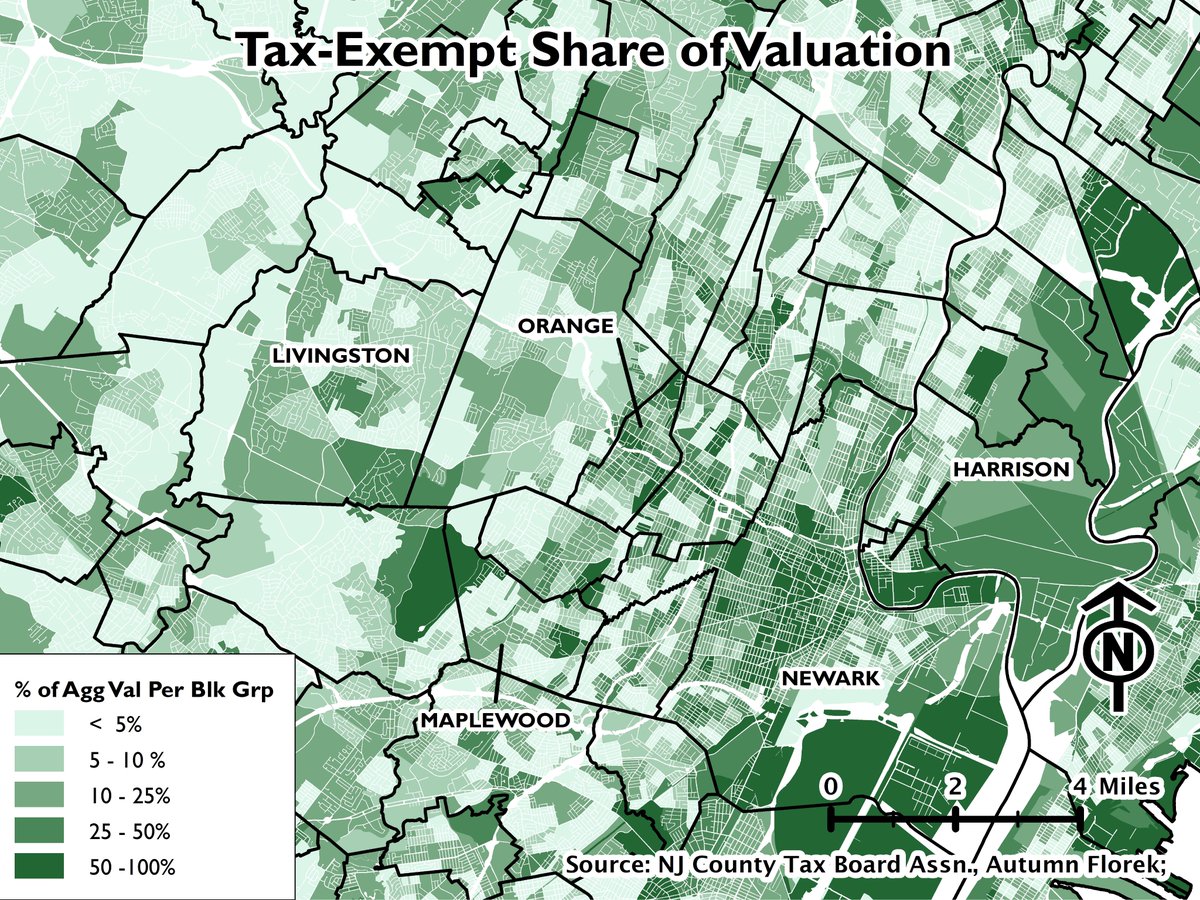 And here's a map of the share of total valuation that's exempt from taxation. As you can see, tax-exempt institutional uses can be a mammoth burden to the public finances of places like Newark.