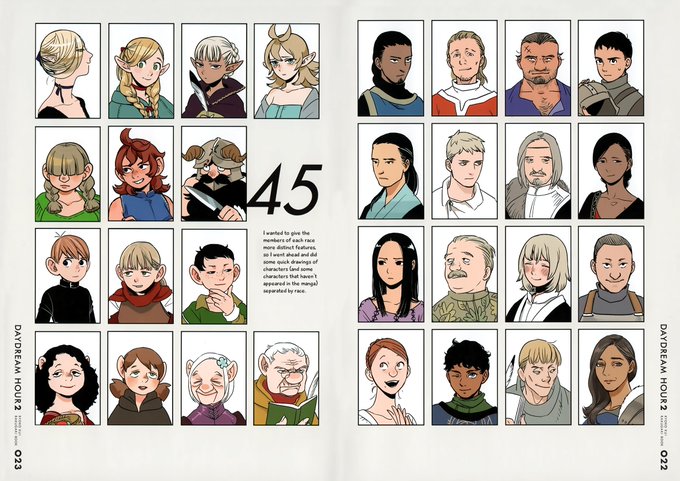 i've been reading dungeon meshi and wow!! i love the way ryoko kui draws different faces/bodies! her art is a great source of inspiration for those looking to diversify a bit the way they draw characters 