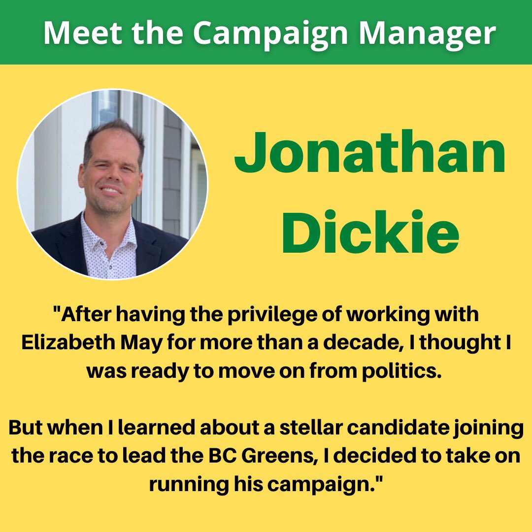 ANNOUNCEMENT: After leading the <a href="/CanadianGreens/">Green Party of Canada</a> National Campaign and having the privilege of working with <a href="/ElizabethMay/">Elizabeth May</a> for more than a decade, <a href="/jonathandickie/">Jonathan Dickie</a> is putting his talents and energy towards leading my campaign team.
#bcgreensleadership #bcpoli