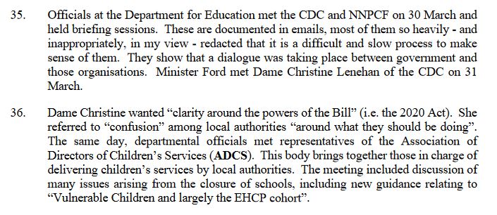 From here on in, the detail gets patchier. 30 Mar: DfE briefs  @NNPCF &  @CDC_tweets . No minutes. Judge has to piece events together from emails "so heavily - and inappropriately, in my view - redacted that it is a difficult and slow process to make sense of them"