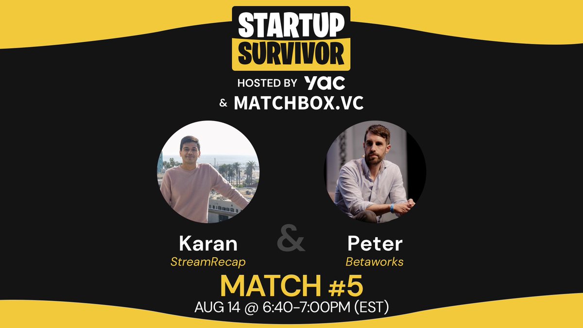 UseBacktrack's tweet photo. Match 5 of #StartupSurvivor
@kwadhera_ from @StreamRecap
With
@peterrojas from @betaworksVC
#remoteweek https://t.co/DlAqknJDKw
