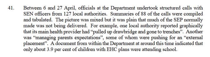 The DfE spends the next few weeks finding out what LAs think, via structured phone calls. 127 LAs contacted, no detailed minutes, summaries submitted for only 88. I've seen a couple of these summaries. God help the DfE if that's what they're relying on for local intelligence