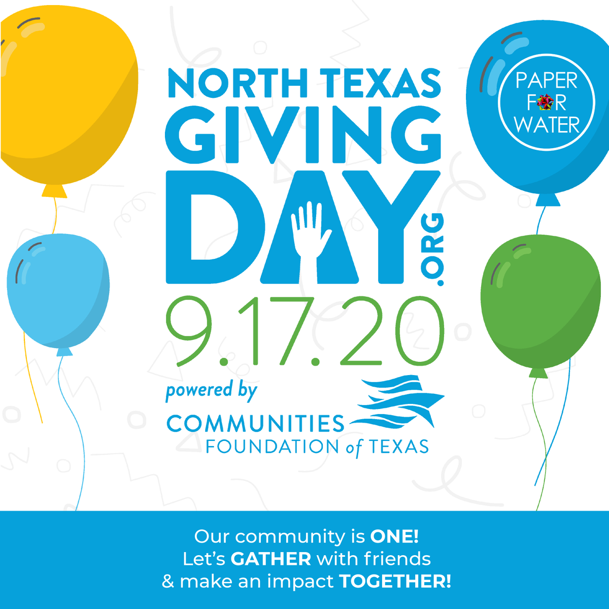 PaperForWater's tweet photo. Save the Date for North Texas Giving Day - September 17, 2020!
Our community is ONE. Let’s GATHER with those we love & make an impact TOGETHER.
https://t.co/3GMvFsfu5V
#NTxGivingDay #WhyIGive #paperforwater #cleanwater #origami @NTxGivingDay https://t.co/pikNO1YI7Z