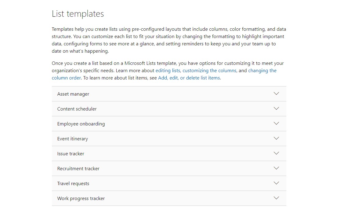 Drop-down descriptions covering each of the eight ready-made templates for Microsoft Lists in Microsoft 365.
