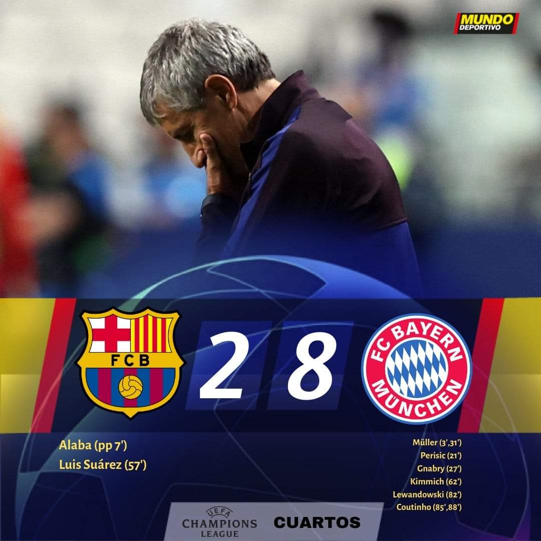 برشلونة يتلقى 8 اهداف في مباراة واحدة لربع نهائي الابطال! حتى في ثلاثينيات القرن الماضي ولم تحصل هذه المهزلة
 اهانة تبقى للابد ويجب ان يدفع الثمن كل من تسبب في ذلك
😔😔