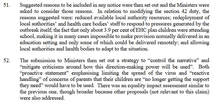 New MinSub to bring the SEND relaxations into force: contains recommended justifications & a 'strategy to "control the narrative"' , including “reactive handling”of concerns of parents that their children are “no longer getting the support they need”