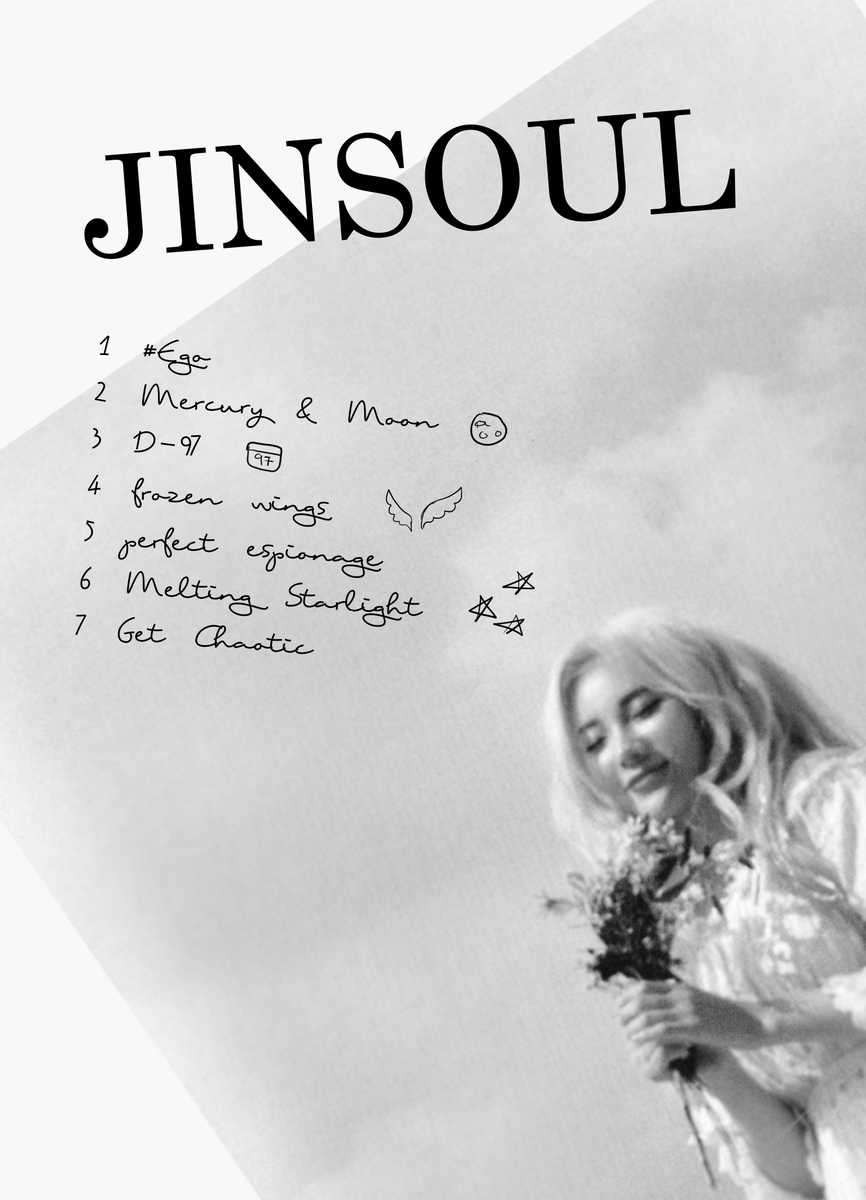 zine close-up of tracklist bc its cute :) + unused digital album cover; also the back of the photo cards for the diy version use each member's constellation + each girl's colours :)