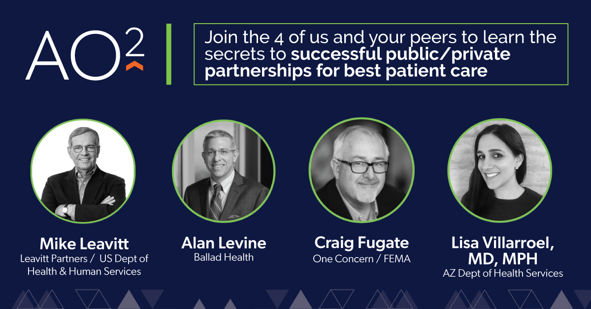 ao2summit's tweet photo. Join @GovMikeLeavitt, @alevine014, @WCraigFugate, and @AZDHS' Dr. Villarroel for "Successful Public/Private Partnerships for Best Patient Care," one of 5 blockbuster keynotes at AO2. https://t.co/5NPUV3rEZk https://t.co/bKNTHTHzp3