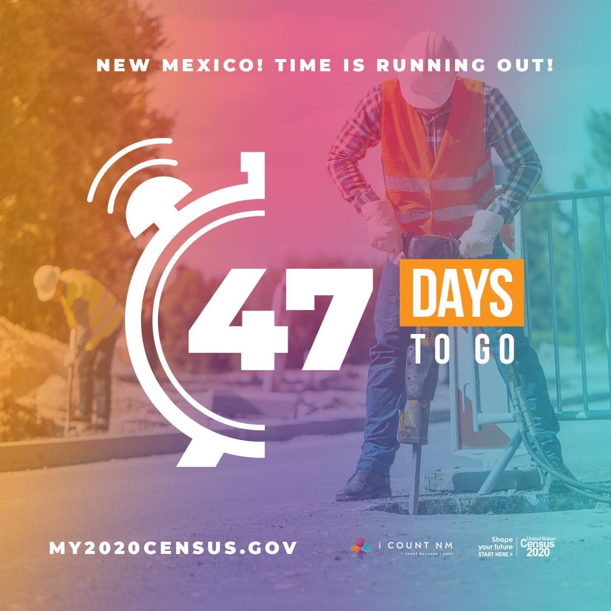 ICountNM's tweet photo. New Mexico! Time is running out to respond to the #2020Census! The more people that get counted, the more funding your community will receive. It takes 15 minutes online (https://t.co/ioOhJH4HEi), by phone (844-330-2020) or by mail. Tell your friends, family, and neighbors! https://t.co/SMRCWivo3g