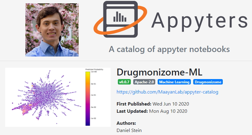 AviMaayan's tweet photo. Daniel Stein, a 2020 @MaayanLab @IcahnMountSinai Summer Scholar, excellent presentation about Drugmonizome-ML https://t.co/wICSQ6CnO9 has a case study about predicting drugs for #COVID19 with #ML The #Drugmonizome-#ML #Appyter can be accessed at: https://t.co/8UQoRhZxW7 https://t.co/vAUOcsBn6f
