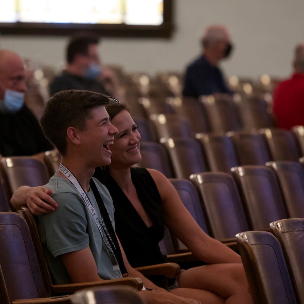 AUStudentLife's tweet photo. Students and families gather for the President’s Welcome event in a physically-distanced Hughes Auditorium. #LifeAtAsburyU #StayHealthyStayHere https://t.co/0jcsiOsa0m