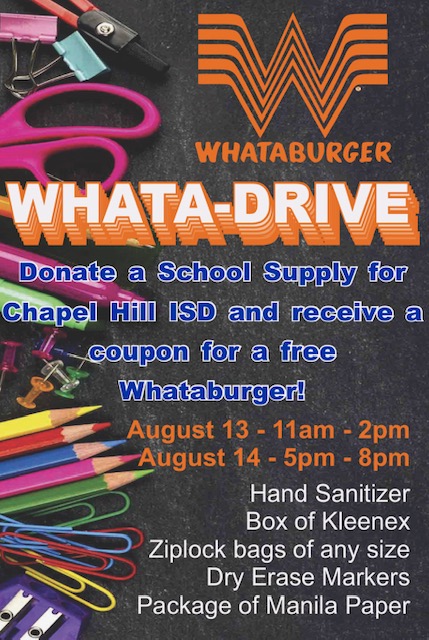 ChapelHill_ISD's tweet image. FUN FRIDAY FACT: CHISD is the ONLY ETX school district that has a partnership with their local @Whataburger  #WeAreFirst #trendsetting #BulldogPride
Head there this evening from 5-8 and support that partnership and this local community. #donatesupplies
Have a wonderful weekend!