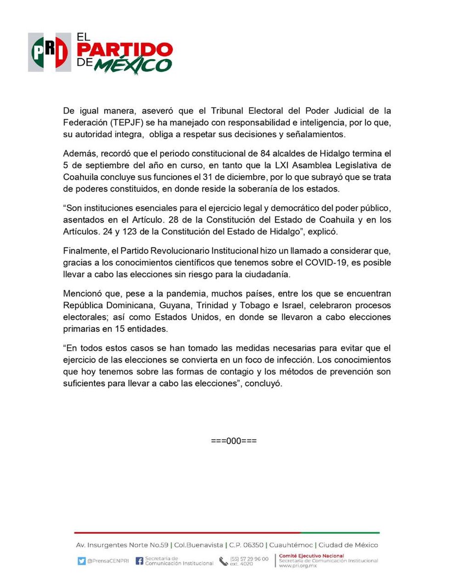 PRI_Nacional's tweet image. El PRI reconoce el trabajo del INE y respalda la decisión de realizar elecciones en Coahuila e Hidalgo bajo las medidas de sanidad que sean necesarias.