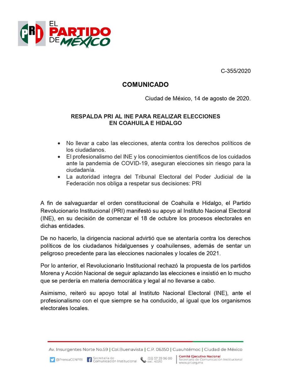 PRI_Nacional's tweet image. El PRI reconoce el trabajo del INE y respalda la decisión de realizar elecciones en Coahuila e Hidalgo bajo las medidas de sanidad que sean necesarias.